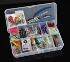 132-piece tackle kit contents: hard baits, soft baits, hooks, pliers