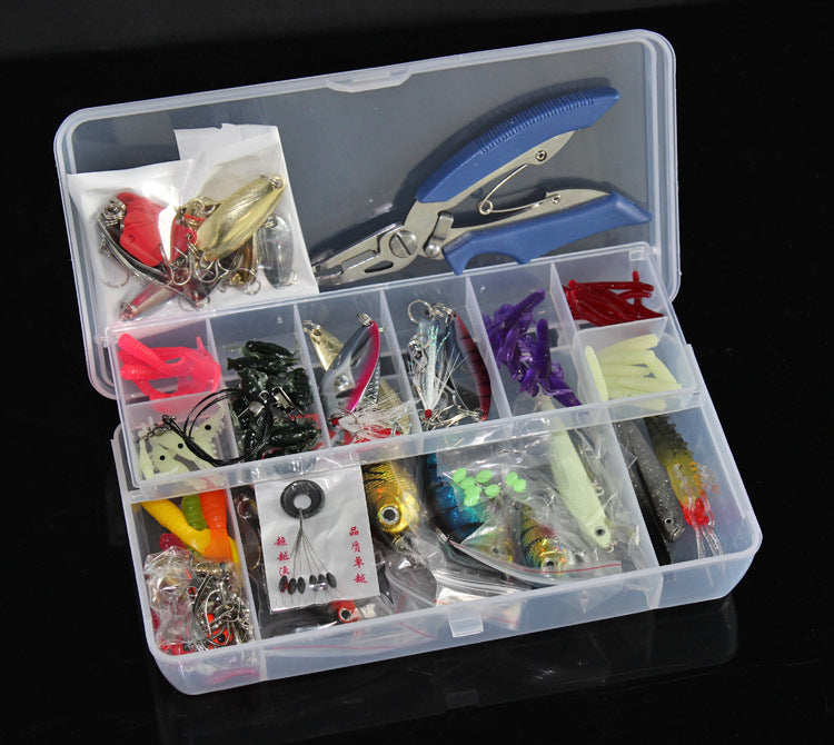 132-piece tackle kit contents: hard baits, soft baits, hooks, pliers
