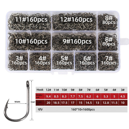 Barbed fishhook sizes 3–12 comparison