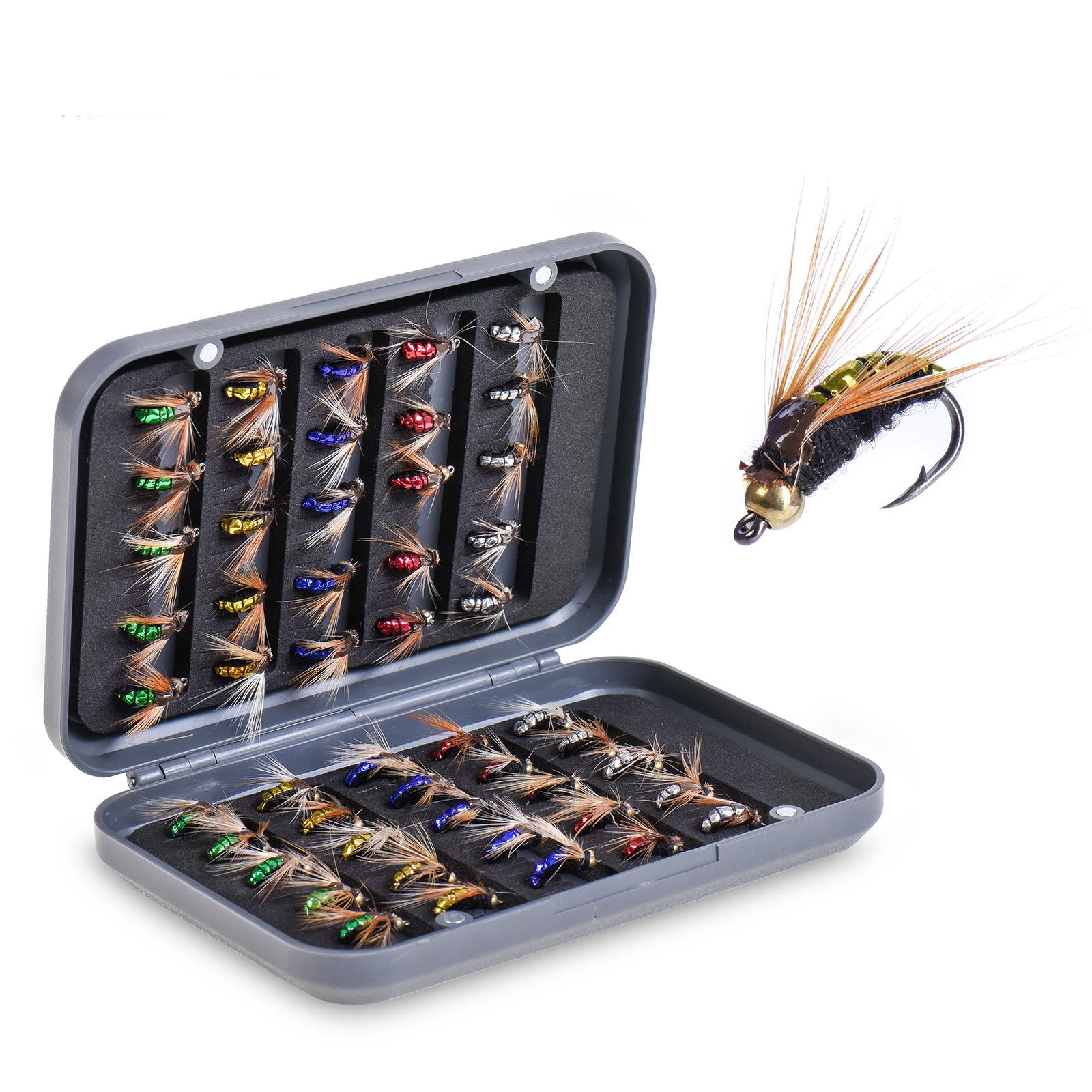 Driftline fly fishing lures laid out by color