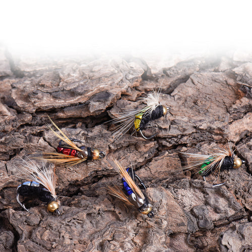 Hand-tied fly fishing lures with high-carbon steel hooks, close-up