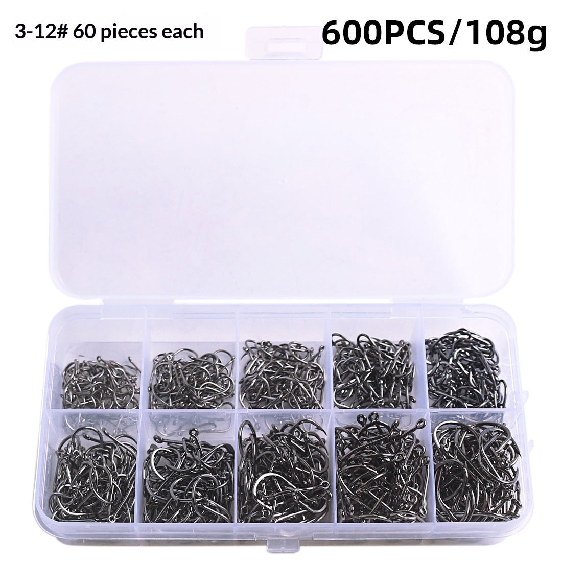 Fishhook assortment box open showing size compartments