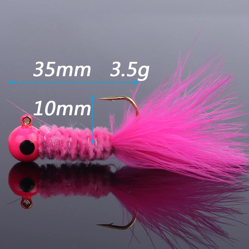 Driftline Feather Jig Head Lure Kit package contents — 5 feather-tipped metal jig hooks
