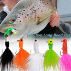 Driftline feather jig hooks close-up — sharp hooks with natural marabou feather tails