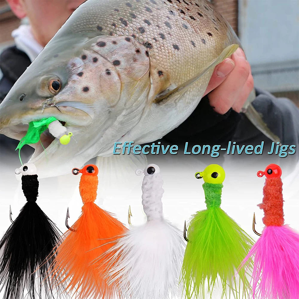 Driftline feather jig hooks close-up — sharp hooks with natural marabou feather tails