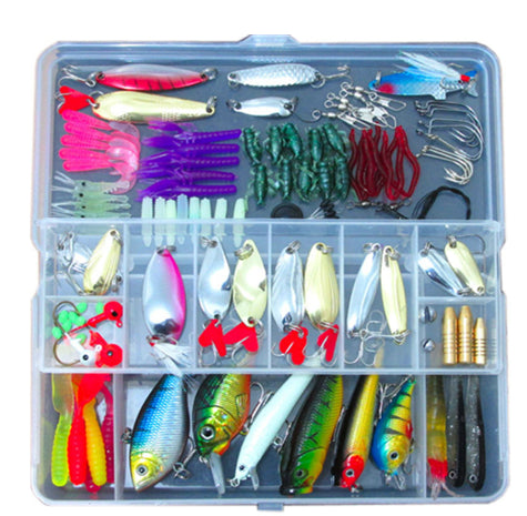Compartmented tackle box open showing lure assortment